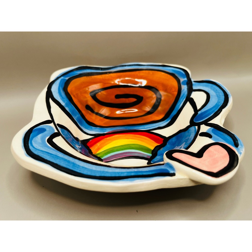 Artzfolk‎ Ceramic Trinket Dish Coffee Cup Rainbow Heart Hand Painted 5.5"